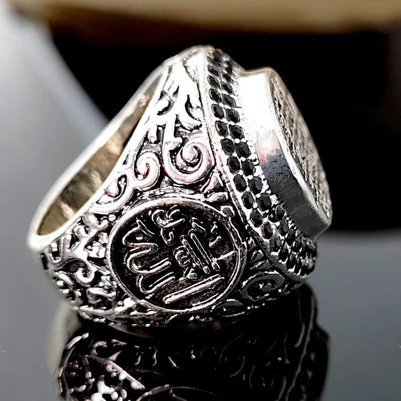 Silver Color Inlaid Multi-color Zircon Finely Carve Islamic Faith Scripture Ring AMULET RING STORE