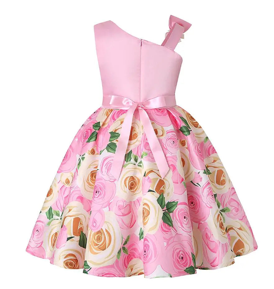 Summer Girls Rose Print Dress Princess Wedding Birthday Party Frocks Satin Children Vestidos Dresses For Girl Christmas Clothing