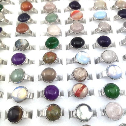 New Style Round Natural Stone Rings Adjustable Size 50pcs/lot Mixed Color