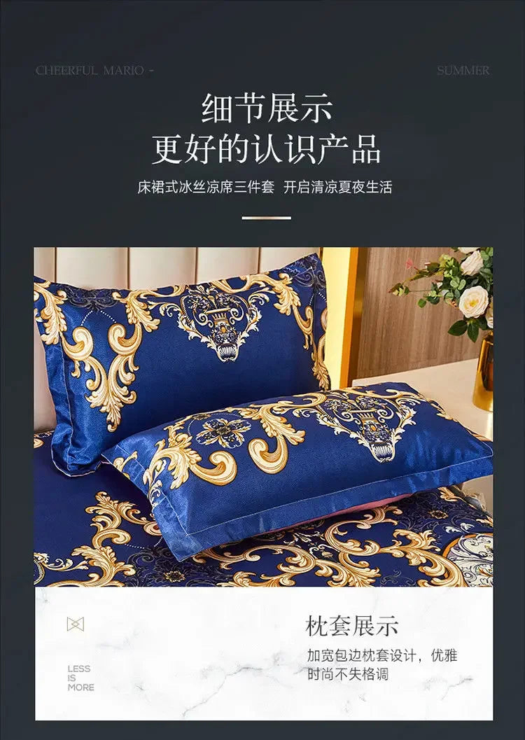 3Pcs/Lot Double Bed Sheet Set Classic Lace Royal Blue Bed Sheet Bed Skirt