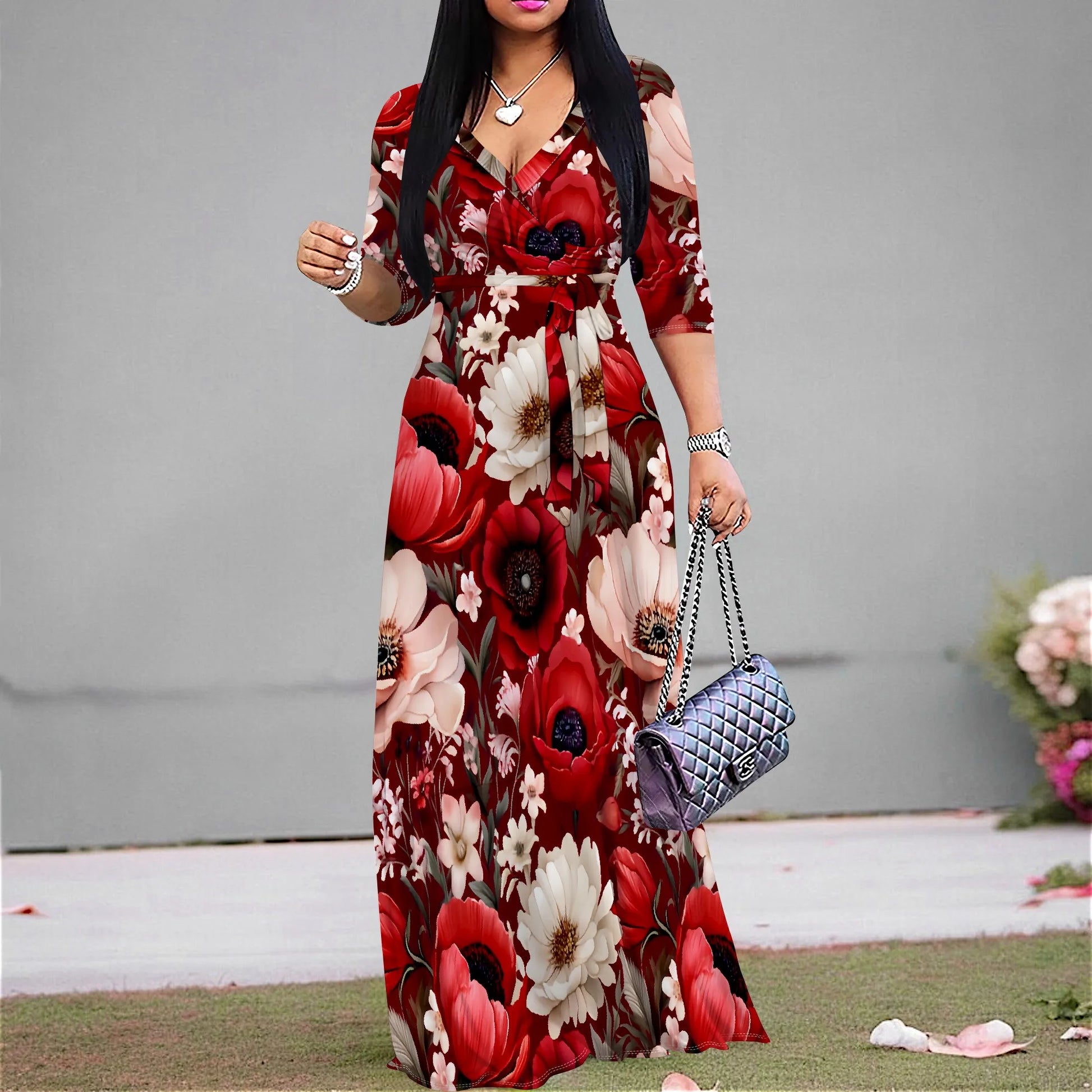 Women's Casual Watercolor Floral Pattern Wrap Maxi Dresses V Neck 3/4 Sleeve Tie Waist Dress Long Dresses for Women 2025 - AMULET RING STORE