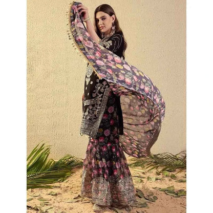 Women's Vintage Indian Heavy Embroidered Georgette Punjabi Suit Sequins 3 PCS Set Tunic Pants Dupatta for Wedding Festival Party