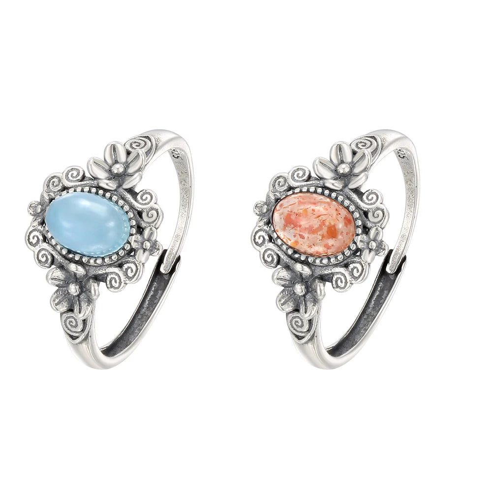 Natural Sunstone Ring S925 Silver Vintage Handmade Adjustable Bands Birthstone Healing Crystal Floral Boho Jewelry Gifts - AMULET RING STORE
