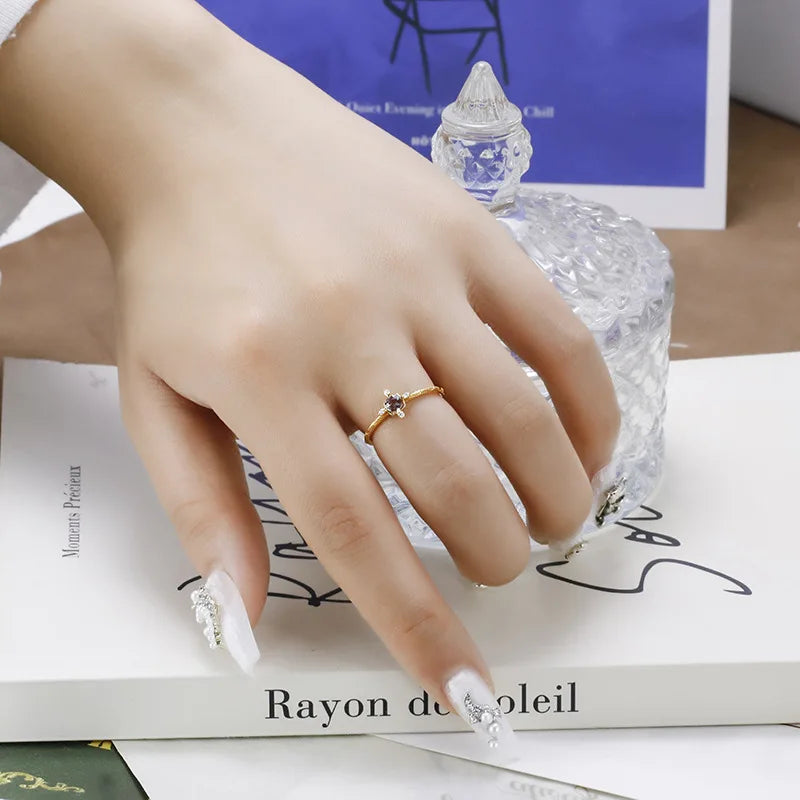 LAMOON Synthetic Blue Purple Alexandrite Ring For Women Pinky Knuckle Thin Rings 925 Sterling Silver Light Gold Vermeil Jewelry