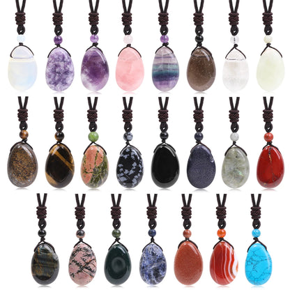 Casual Simple Natural Water Droplet Pendant Necklace Amethyst Opal Obsidian Red Agate Pendant Adjustable Cord Chain Necklace