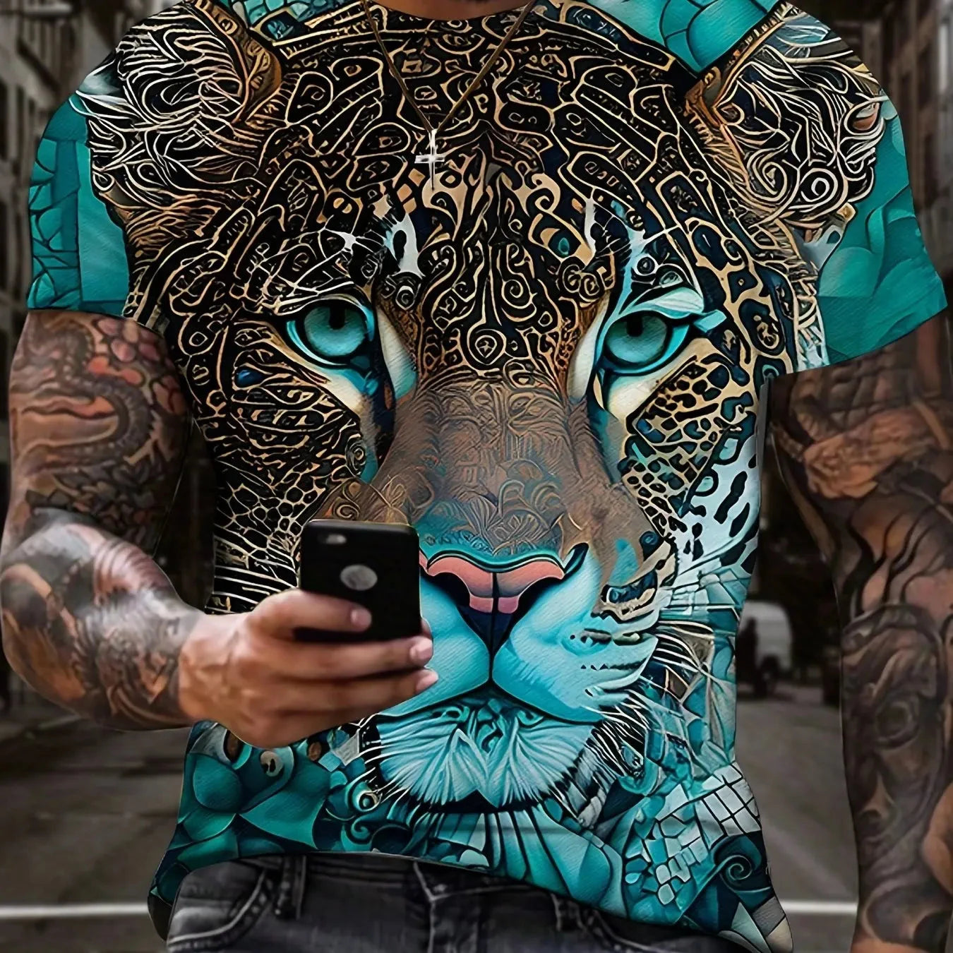 Summer men's 3D lion and tiger pattern T-shirt, casual micro elastic breathable T-shirt, suitable for outdoor jogging wear - AMULET RING STORE
