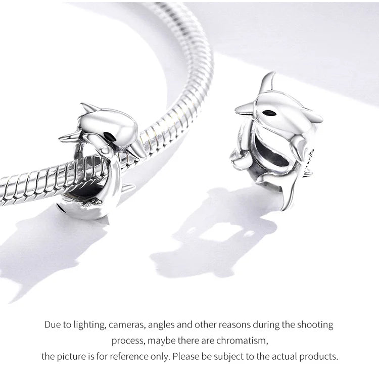 BISAER 925 Sterling Silver Charm Ocean Style Fish Dolphin Mermaid Shell Blue CZ Bead For Necklace&Bracelet DIY Fine Jewelry Gift - AMULET RING STORE