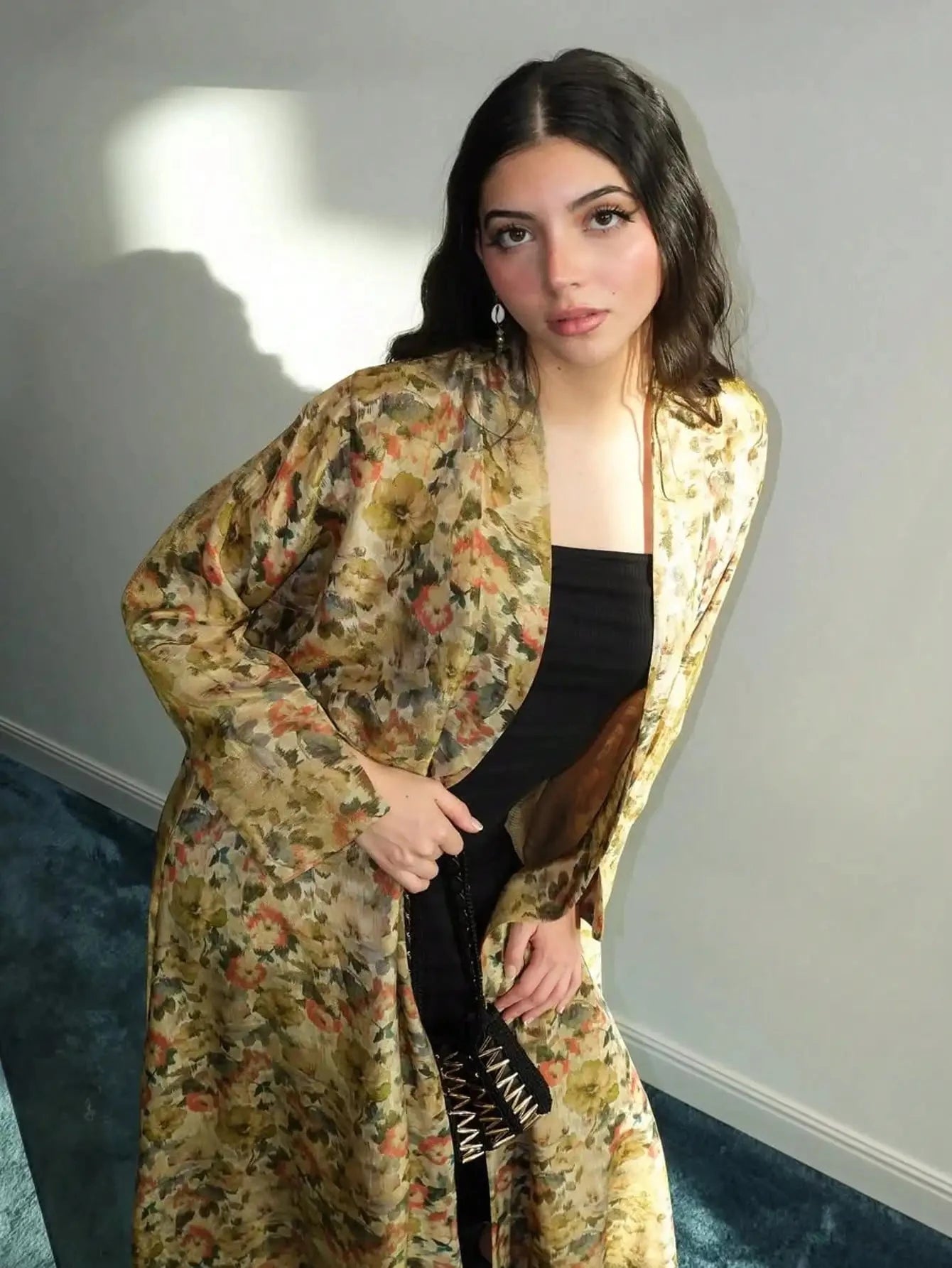 Middle Eastern Printed Floral Abaya Muslim Full Sleeve Loose Open Front Abayas Elegant Kaftan Women Jilbabs Arabian Maxi Dresses - AMULET RING STORE