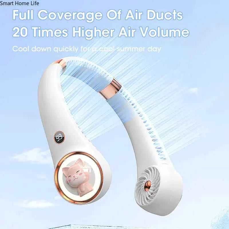 Bladeless Neck Fan 2000mAh USB Rechargeable Digital Display Cute Cat Hanging Mini for Travel Office