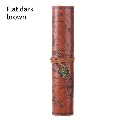 Vintage Treasure Map Pencil Case, Leather Roll-Up Pouch w/ Embossed Buckle, Large Capacity School Office Organizer (Gift) - AMULET RING STORE