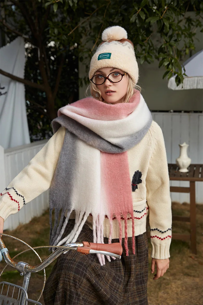 New Fashion Mohair Stripted Tassel Scarf Women Autumn Winter Korean Version Thickened Warm Soft Female Shawl Colorful Muffler