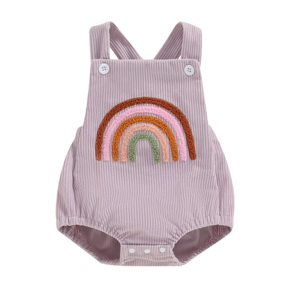Infant Baby Girl Boy Overalls Rompers Summer Rainbow/Strawberry Embroidery Sleeveless Square Neck Suspender Ribbed Romper - AMULET RING STORE