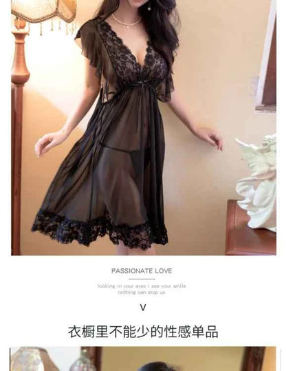 Sexy Sleepwear Women V-neck Nightgown Sexy Nightdress Lace Mesh Pajama Loungewear Summer Dress Nightwear Night Wear