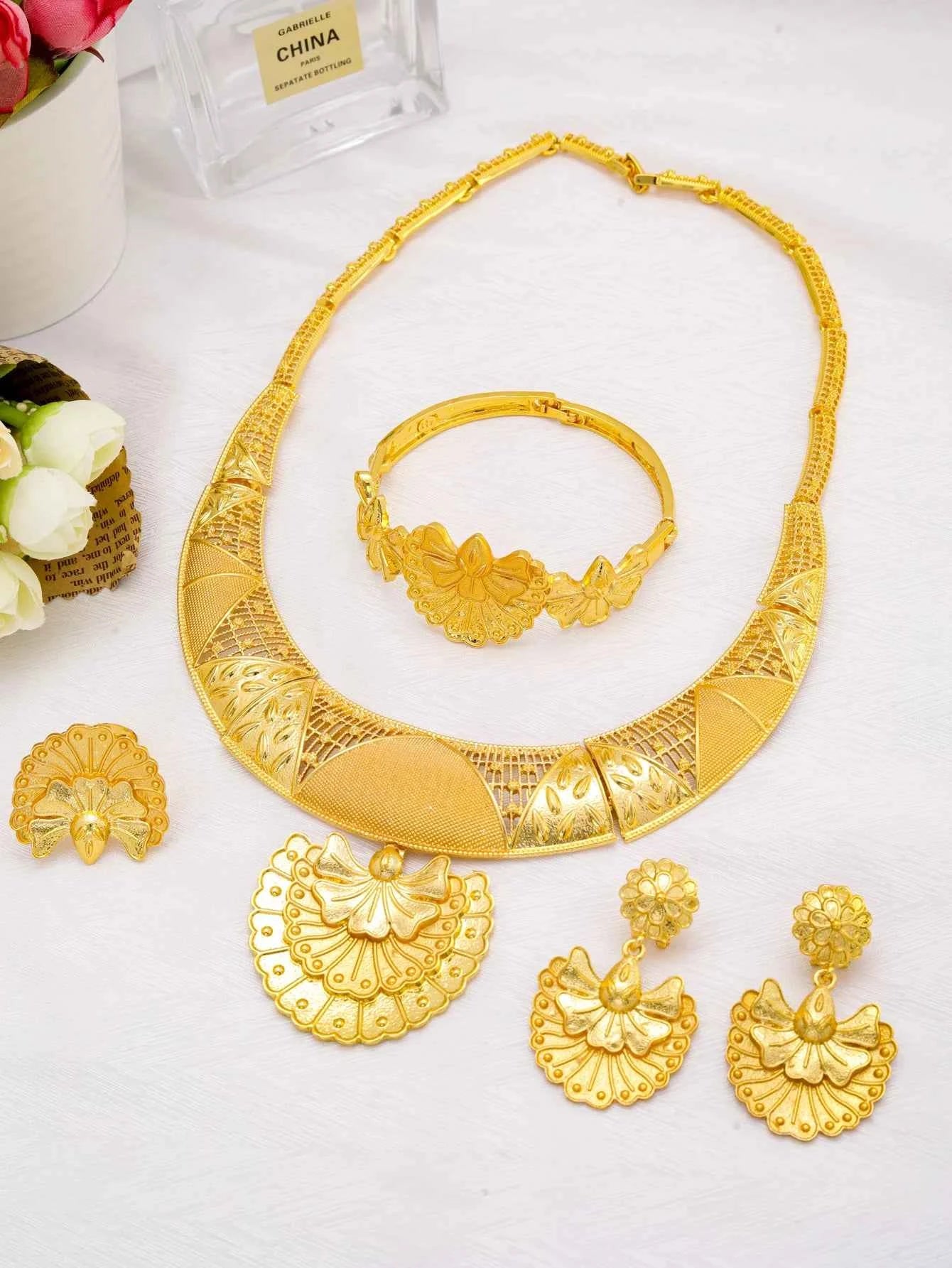 Dubai Fashion 24k Gold Plated Necklace Earrings Ring Bracelet Jewelry Sets for Women Wedding African Indian Jewellery