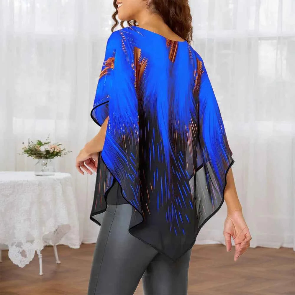 Plus Size Women's Aurora Printed Gauze Cloak Sleeve Blouse Tunic Tops Ladies Summer Casual Loose T Shirts Tee XL 2XL 3XL 4XL 5XL
