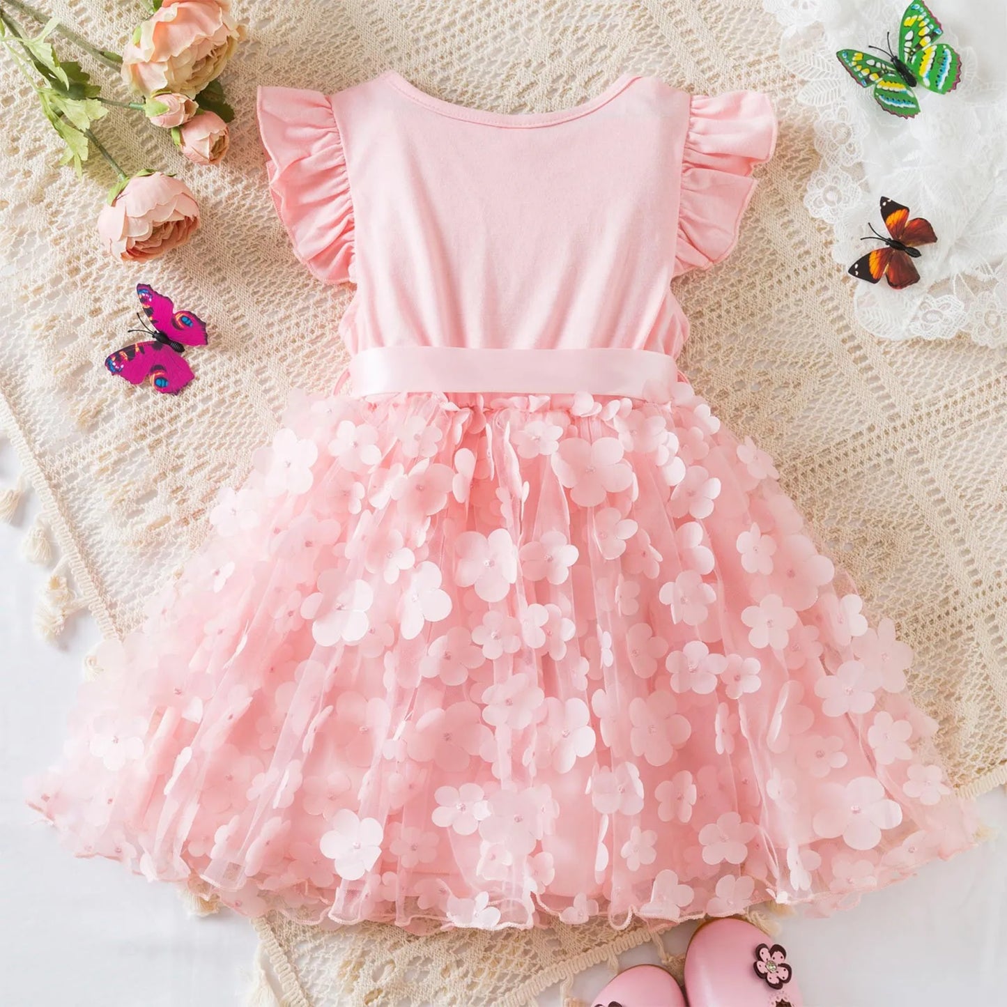 Toddler Baby Girls Clothes Elegant Floral Print Tulle Dress Summer Kids Princess Party Birthday Dress Butterfly Solid Mesh Dress