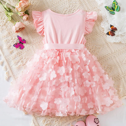 Toddler Baby Girls Clothes Elegant Floral Print Tulle Dress Summer Kids Princess Party Birthday Dress Butterfly Solid Mesh Dress