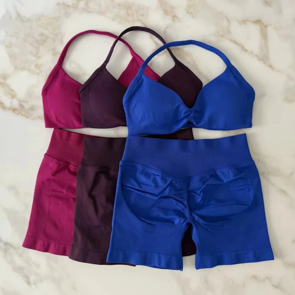 WHENG 2PCS Yoga Fitness Suit Women's Seamless Lace-Up Yoga Bra Top High Waist Workout Scratch Shorts Sports Suit Fitness Suit