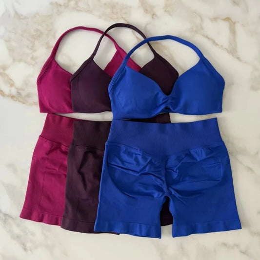 WHENG 2PCS Yoga Fitness Suit Women's Seamless Lace-Up Yoga Bra Top High Waist Workout Scratch Shorts Sports Suit Fitness Suit