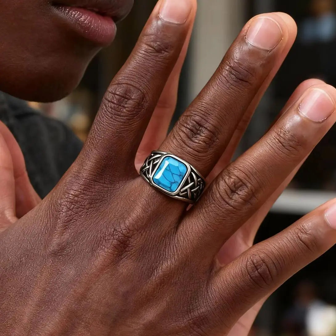 Punk Viking Knot Rings for Men,Vintage Square Natural Stone Signet Ring,Retro Ethnic Rock Jewelry Gift