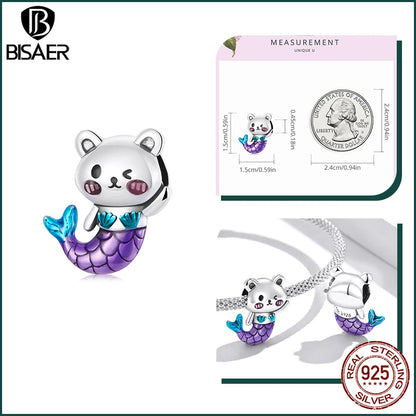 BISAER 925 Sterling Silver Charm Ocean Style Fish Dolphin Mermaid Shell Blue CZ Bead For Necklace&Bracelet DIY Fine Jewelry Gift - AMULET RING STORE