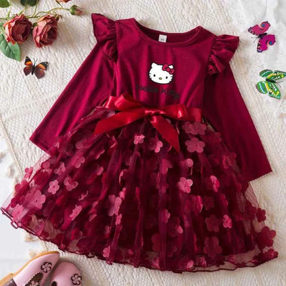 Hello Kitty Autumn Dress for Kid's Casual Clothes 3D Butterfly Cute Long Sleeve Baby Girls Princess Dress Party Dresses 2-6 Yrs