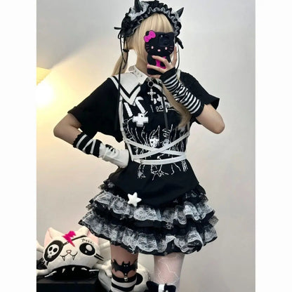 New Skirt Subculture Y2k Japanese Miniskirt Black Punk Harajuku Retro Mini Dress Party Skinny Lace Layered Puff A-line Skirts - AMULET RING STORE