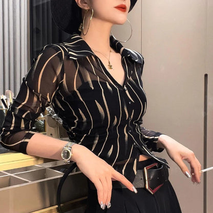 Female Crop Tops Striped Transparent Black Summer Full Long Sleeve Sexy Button Up Women's Shirt and Blouse See-through Chic M Xl