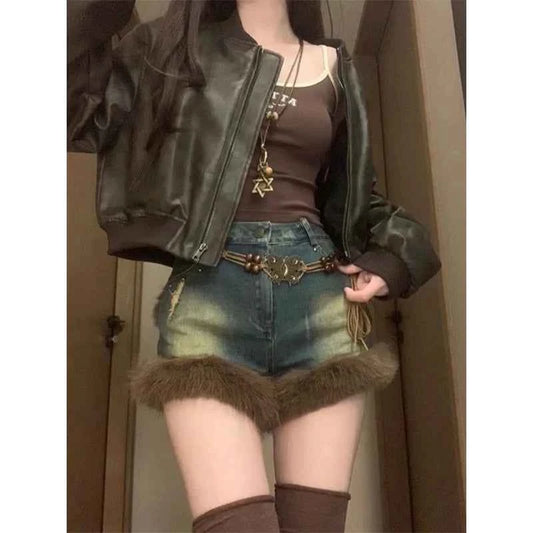 MEXZT Y2K 2000S Fur Denim Shorts Women Vintage Patchwork Short Jeans Winter Streetwear Sexy High Waist Slim Short Hot Pants New