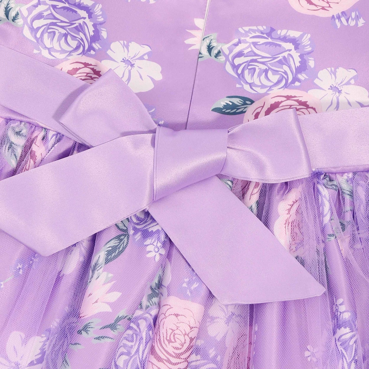 Floral attendant dress - Girls' printed lace lace-trimmed net dress for wedding - Flower girl short-sleeved princess puff-sleeve