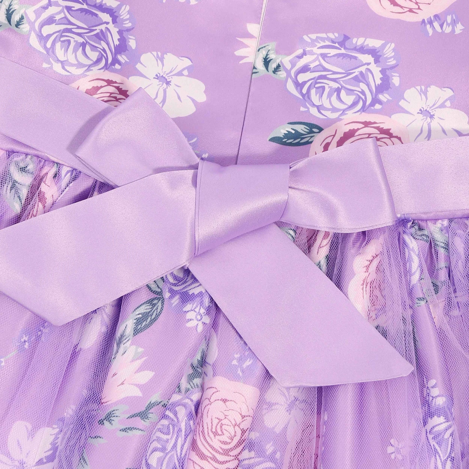 Floral attendant dress - Girls' printed lace lace-trimmed net dress for wedding - Flower girl short-sleeved princess puff-sleeve