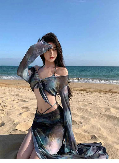 2025 Swimsuit Women's Sexy Bikini Four Piece Tie Dye Long Skirt Sexy European and American Slim Fit Hot Spring Vacation