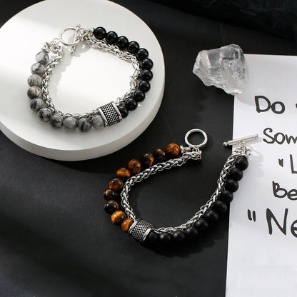 YQ  Stainless Steel Hand Chain Tiger Eye Bead Bracelet For Men Jewelry Rosary Accessories