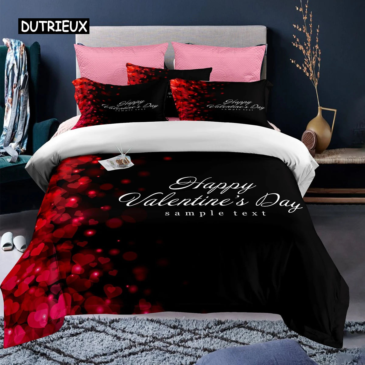 Valentine's Day Duvet Cover Set Red Rose I Love You Pattern King Size Couple Polyester Bedding Set Happy Romantic Quilt Cover