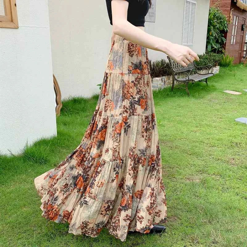 Retro Floral Pleated to Ankle f Skirt Women's Draped High Waist Midi A-Line Skirt Polyester Fiber Spring Season