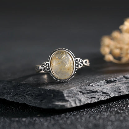 Natural Crystal Ring S925 Silver Adjustable Open Bands Rutilated Quartz Healing Stone Golden Needles Handmade Boho Jewelry - AMULET RING STORE