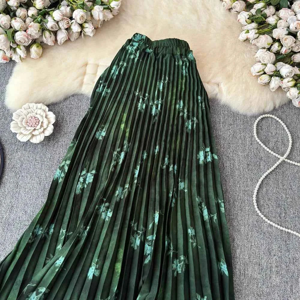 Chiffon A-Line Midi Skirt Women's Autumn 2025 New Sle Cover Hip Draped Large Swing Umbrella Skirt Pleated Floral Skirt