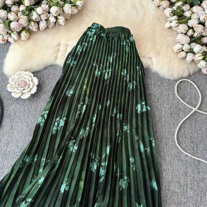 Chiffon A-Line Midi Skirt Women's Autumn 2025 New Sle Cover Hip Draped Large Swing Umbrella Skirt Pleated Floral Skirt