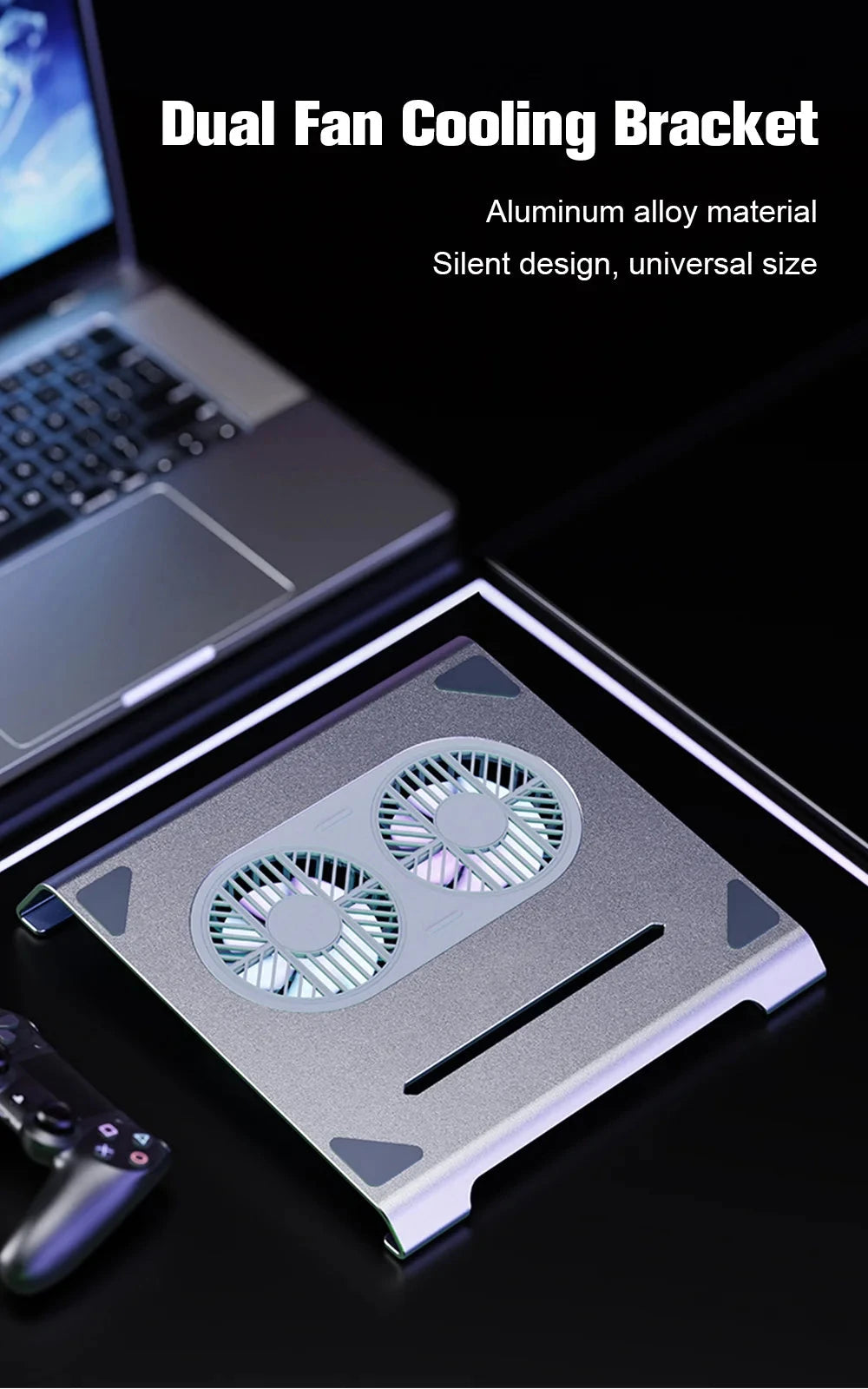 2 High - Speed Fan Aluminum Laptop Cooler with Pad, Adjustable Stand, for 10 - 15" Laptops - AMULET RING STORE