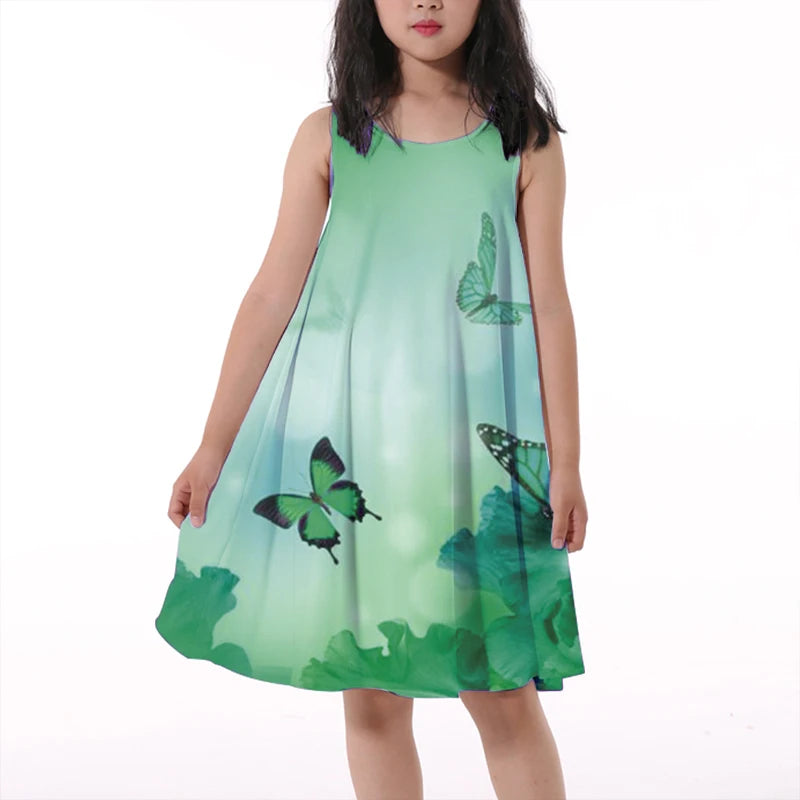 Children's Clothing Butterfly Round Neck Sleeveless Dress Off Shoulder Knee Length - AMULET RING STORE