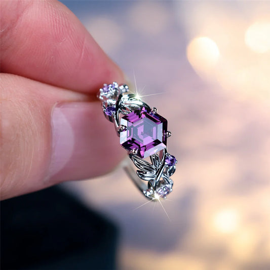 Trendy Purple Zircon Crystal Flower Vintage Silver Color Wedding Bands Engagement Rings For Women Men Minimalist Jewelry