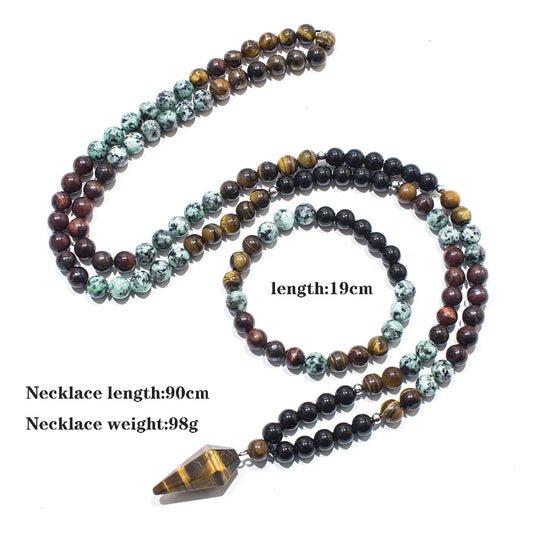 8mm Black Onyx African Turquoise Beads 108 Mala Necklace Meditation Yoga Prayer Japamala Set with Tiger Eye Pendant Jewelry
