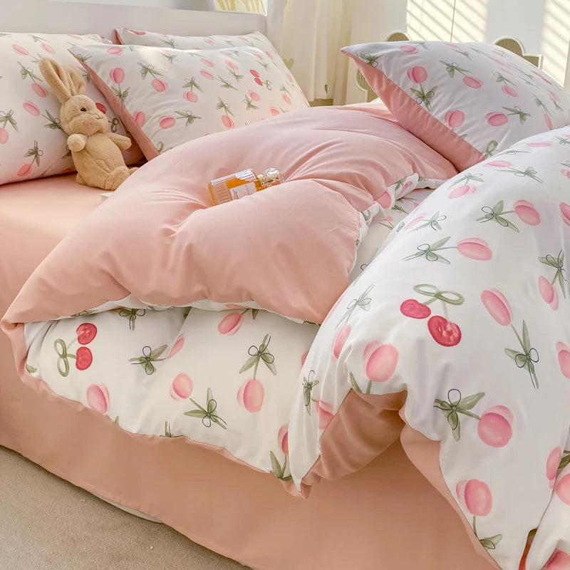 Korean Retro Floral Bedding Set 100% Washed Cotton Bed Sheets Set Soft Duvet Cover Bed Linen Pillowcase Single Double Queen King - AMULET RING STORE