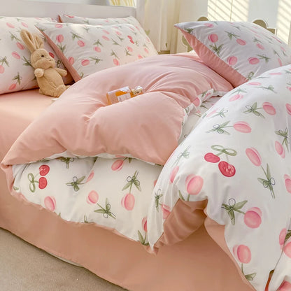 Korean Retro Floral Bedding Set 100% Washed Cotton Bed Sheets Set Soft Duvet Cover Bed Linen Pillowcase Single Double Queen King - AMULET RING STORE