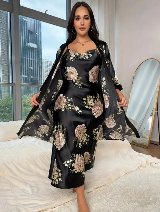 Large size sleepwear women's long imitation silk sexy nightgown set, fashionable and casual loose printed sleepwear 2-piece set - AMULET RING STORE
