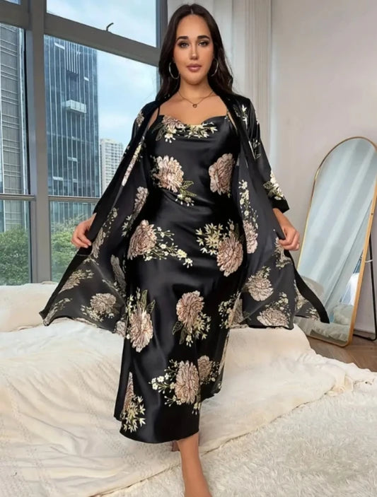 Large size sleepwear women's long imitation silk sexy nightgown set, fashionable and casual loose printed sleepwear 2-piece set - AMULET RING STORE