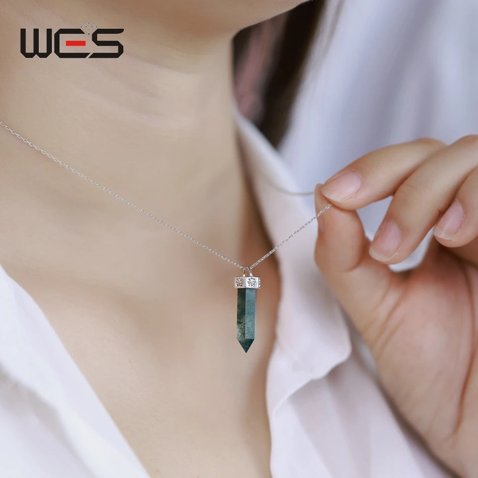 WES 100% 925 Silver Natural Unique Boho Moss Agate Pendant Necklace for Woman Earth Day Forest Jewelry Engagement Gift Wholesale - AMULET RING STORE
