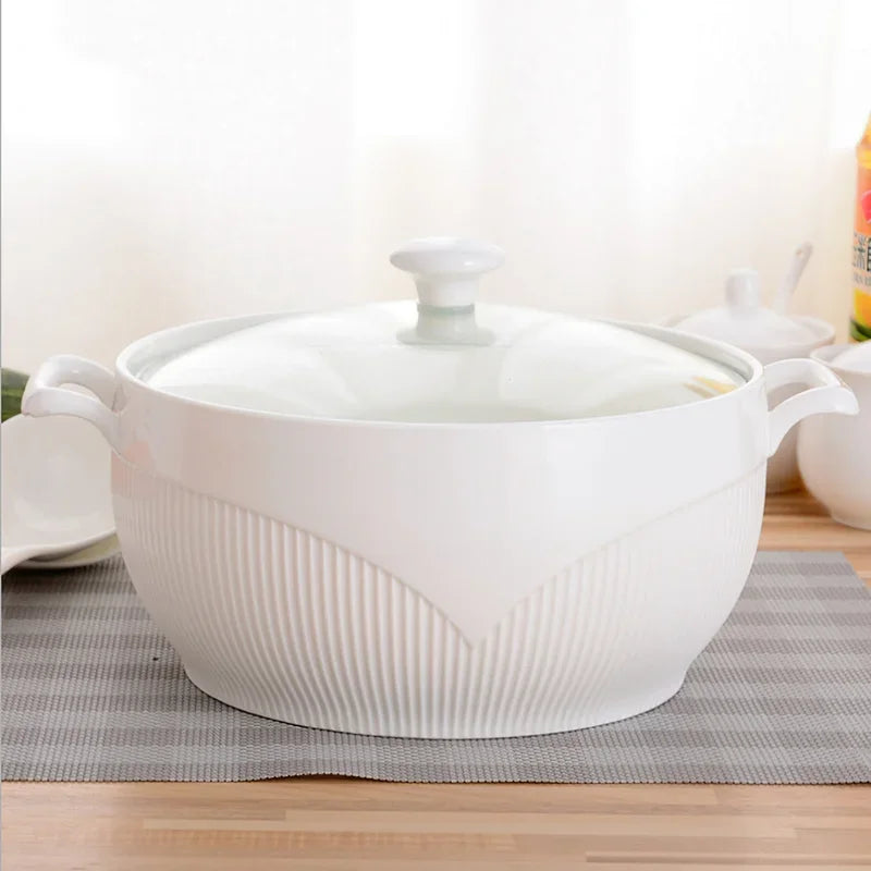 Ceramic Soup Pot Nordic Phnom Penh White Round 2.6L Large Bowl with Lid Cooking Utensils Household Kitchen Supplies Tableware - AMULET RING STORE