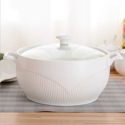 Ceramic Soup Pot Nordic Phnom Penh White Round 2.6L Large Bowl with Lid Cooking Utensils Household Kitchen Supplies Tableware - AMULET RING STORE