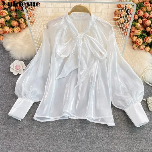 Spring Women's New Harajuku Tops V-neck Solid Color Bowknot Lantern Sleeves Loose Fashion Elegant Mesh Temperament Ladies Shirt